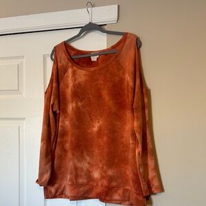 BiBi Burnt Orange Tie-Dye Cold Shoulder Sweatshirt